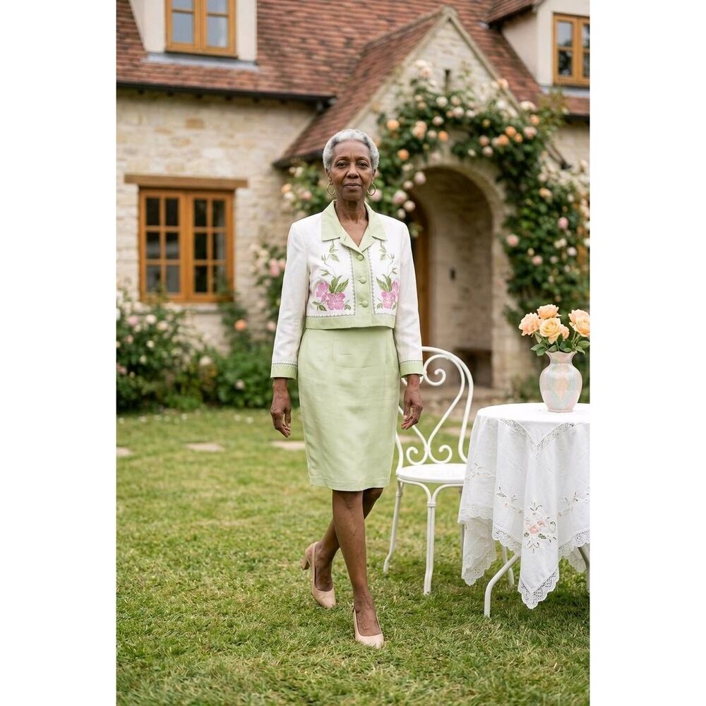 🔸️Brownstone Studio Sage Green Silk Sleeveless Dress & Silk Jacket Size 12